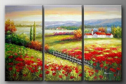 Landscape Art, Italian Red Poppy Field, Canvas Painting, Landscape Painting, Oil on Canvas, 3 Piece Oil Painting, Large Wall Art-artworkcanvas