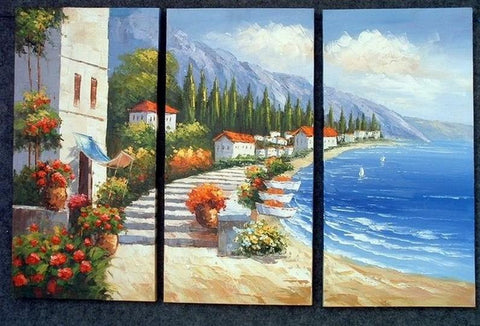 Italian Mediterranean Sea, Landscape Art, Summer Resort, Canvas Painting, Landscape Painting, Large Painting, Living Room Wall Art, Oil on Canvas, 3 Piece Oil Painting, Large Wall Art-artworkcanvas