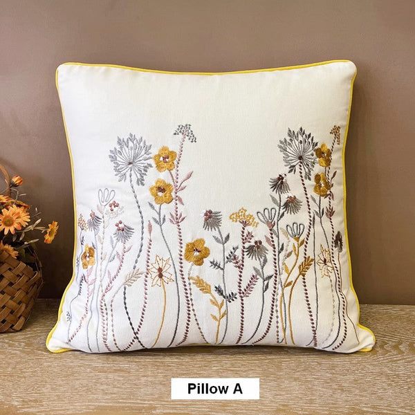 Simple Decorative Throw Pillows for Couch, Spring Flower Decorative Throw Pillows, Embroider Flower Cotton Pillow Covers, Farmhouse Sofa Decorative Pillows-artworkcanvas