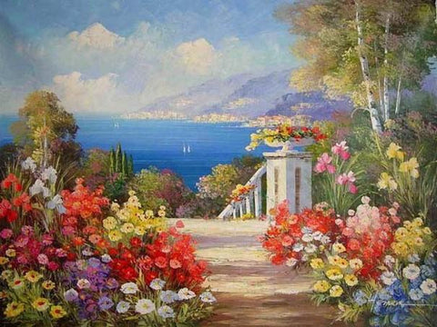 Canvas Painting, Landscape Painting, Wall Art, Canvas Painting, Large Painting, Bedroom Wall Art, Oil Painting, Canvas Art, Garden Flower, Spain Summer Resort-artworkcanvas