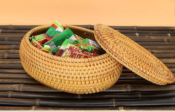 Storage Basket for Kitchen, Small Rattan Storage Basket, Round Storage Basket with Lid, Pantry Storage Ideas-artworkcanvas