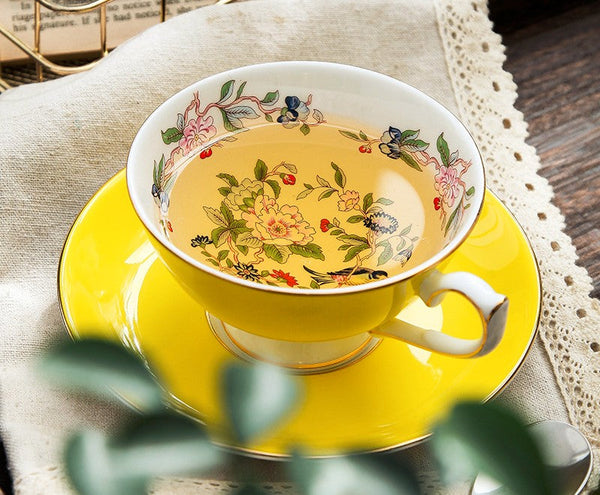 Elegant Yellow Ceramic Cups, Unique Royal Coffee Cup and Saucer, Beautiful British Tea Cups, Creative Bone China Porcelain Tea Cup Set-artworkcanvas