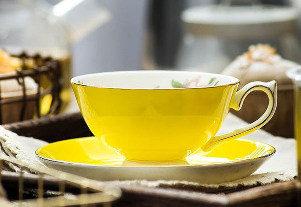 Elegant Yellow Ceramic Cups, Unique Royal Coffee Cup and Saucer, Beautiful British Tea Cups, Creative Bone China Porcelain Tea Cup Set-artworkcanvas