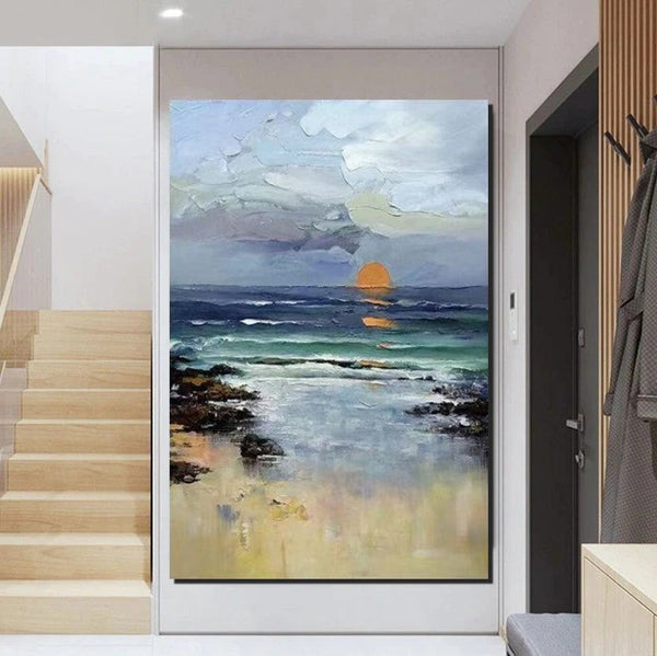 Contemporary Abstract Art for Dining Room, Seashore Sunrise Paintings, Living Room Canvas Art Ideas, Large Landscape Painting, Simple Modern Art-artworkcanvas