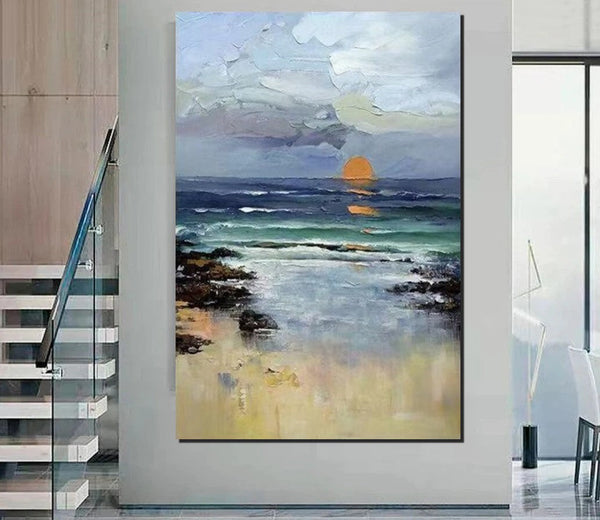 Contemporary Abstract Art for Dining Room, Seashore Sunrise Paintings, Living Room Canvas Art Ideas, Large Landscape Painting, Simple Modern Art-artworkcanvas