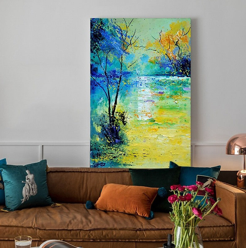 Forest Tree by the Lake Painting, Abstract Landscape Painting, Canvas ...