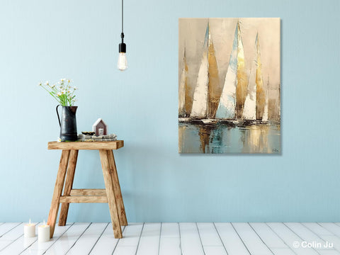 Sail Boat Abstract Painting, Landscape Canvas Paintings for Dining Room, Acrylic Painting on Canvas, Original Landscape Abstract Painting-artworkcanvas