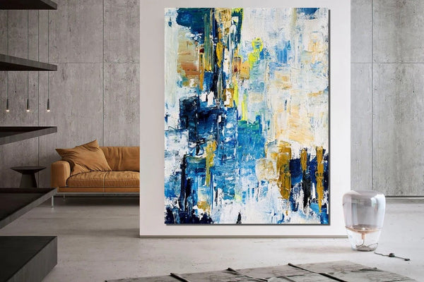 Living Room Abstract Paintings, Blue Modern Abstract Painting, Large Acrylic Canvas Paintings, Large Wall Art Ideas, Impasto Painting-artworkcanvas