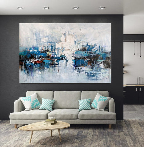 Large Wall Art Paintings Behind Sofa, Acrylic Paintings on Canvas, Acrylic Painting for Bedroom, Blue Modern Paintings, Heavy Texture Canvas Art-artworkcanvas