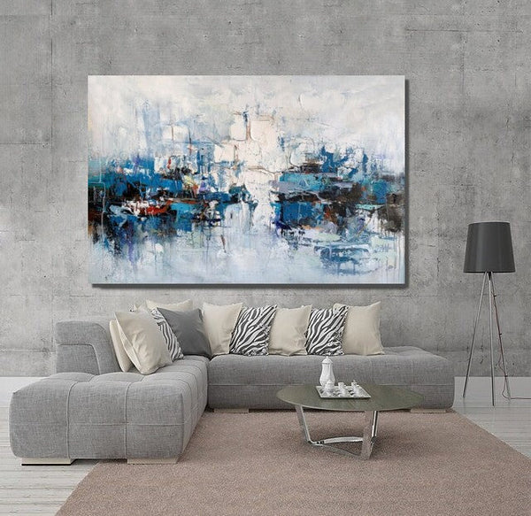 Large Wall Art Paintings Behind Sofa, Acrylic Paintings on Canvas, Acrylic Painting for Bedroom, Blue Modern Paintings, Heavy Texture Canvas Art-artworkcanvas