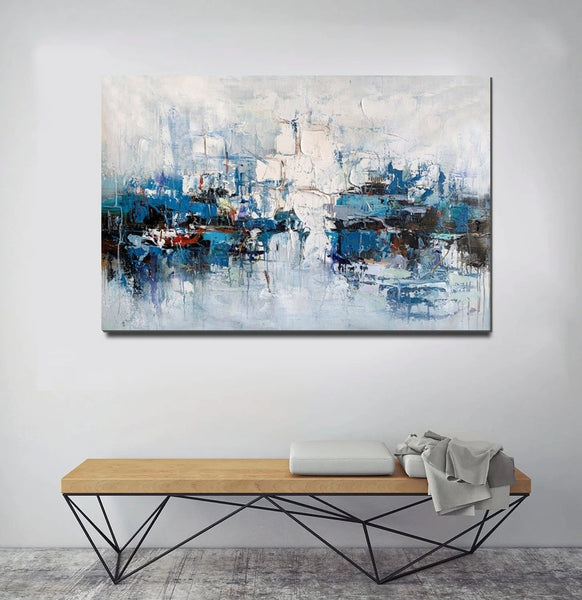 Large Wall Art Paintings Behind Sofa, Acrylic Paintings on Canvas, Acrylic Painting for Bedroom, Blue Modern Paintings, Heavy Texture Canvas Art-artworkcanvas