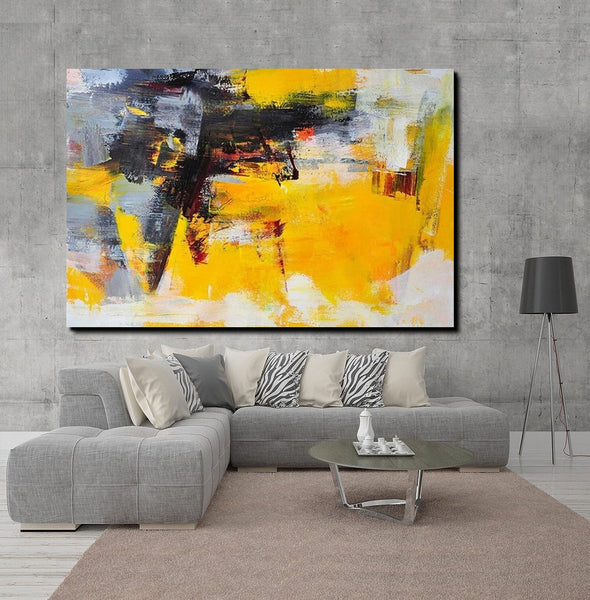 Living Room Modern Paintings, Yellow Acrylic Abstract Paintings, Large Painting Behind Sofa, Buy Abstract Painting Online, Simple Modern Art-artworkcanvas