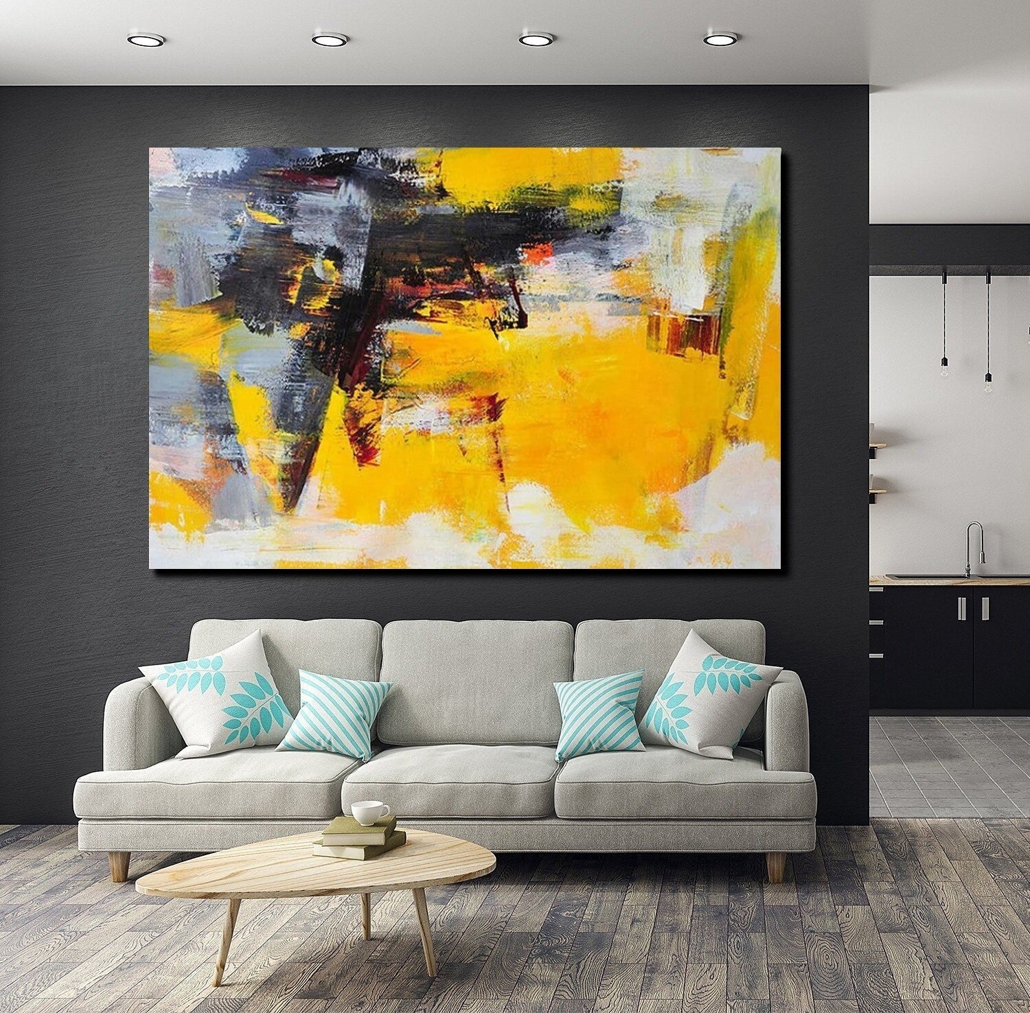 Living Room Modern Paintings, Yellow Acrylic Abstract Paintings, Large ...